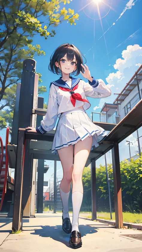 school playground，Masters，Sailor suit，sunny，Smile，high and high