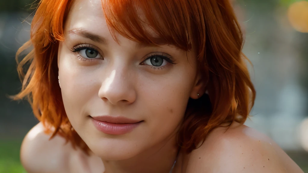 Beautiful and sexy Russian woman with dark yellow eyes, bright short orange hair, 25 years old, slim waist, very detailed, innocent face, face length 1.2 times face width, almond-shaped eyes, square face shape, high cheekbones , short wavy bright orange ha...