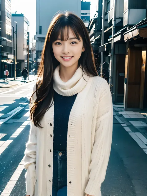 Photoreal, 8K full-length portrait, Beautiful woman, attractive look, Clear system, 16 years old, Tokyo city, winter, Shibuya in the background