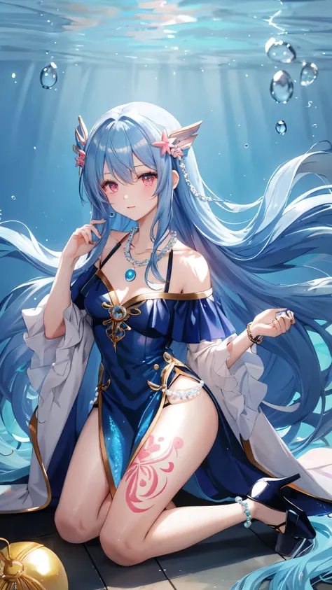 海long blue hair,close up,dream world,Kneeling girl, 海long blue hair,Nice pink eyes,underwater,tear nevus,Mermaid ears,(pearl head chain,necklace),necklace,Long off-the-shoulder blue dress,humanoid, Poseidon temple background, her skin is white, fair comple...