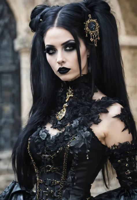 woman in gothic punk costume wearing gothic punk outfit, black long hair, black eyes, black lipstick lips, gothic punk fantasy s...