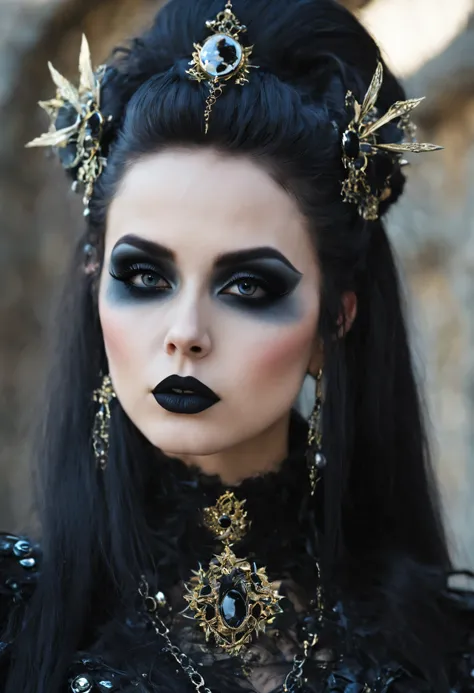 woman in gothic punk costume wearing gothic punk outfit, black long hair, black eyes, black lipstick lips, gothic punk fantasy s...