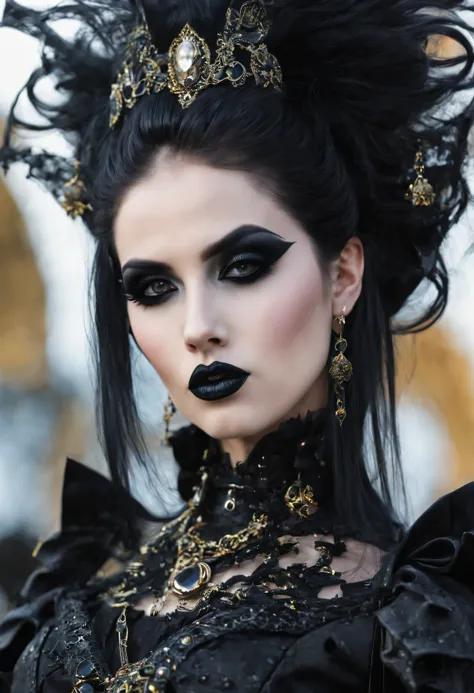 woman in gothic punk costume wearing gothic punk outfit, black long hair, black eyes, black lipstick lips, gothic punk fantasy s...