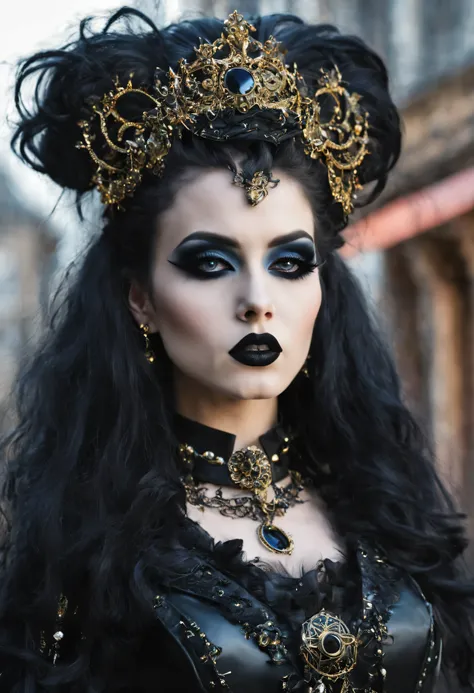 woman in gothic punk costume wearing gothic punk outfit, black long hair, black eyes, black lipstick lips, gothic punk fantasy s...