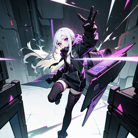 1girl, slim build, long white hair, albino, purple eyes, white eyelashes, short white eyebrows, flat chest, unzipped baggy black cyberpunk hoodie, hood with triangle armor lining, black tights, black boots, black gloves, gas mask, kicking a vending machine...