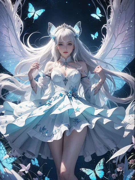 White hair , (((White luminous dress , White giant dress , Dress glitter , dress ))) ,Beautiful dance dynamics , Long legs , small thighs((Huge long white hair，Glowing coat , Long flowing hair))offcial art , Unity8k wallpaper , Ultra detailed , Beautiful a...