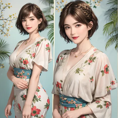 149
(20 year old woman,floral print outfit,pants), (Super realistic), (high resolution), ((beautiful hairstyle 46)), ((short hair:1.46)), (gentle smile), (brest:1.1), (lipstick)
