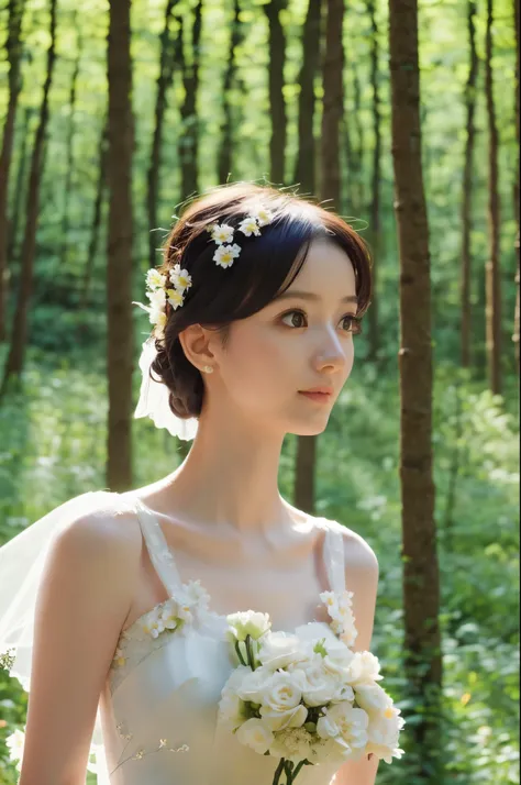 (realistic), (hyperrealism),best quality, masterpiece,ultra high res, (photorealistic:1.4),1girl,pale skin,skinny,(looking at viewer:2), forest, flowers, sunlight, (tattered) wedding dress , bare shoulders, upper body,