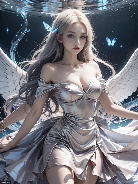 short sleeves,off shoulder, dress, White hair , (((White luminous dress , White giant dress , Dress glitter , dress ))) ,Beautiful dance dynamics , Long legs , small thighs((Huge long white hair，Glowing coat , Long flowing hair))offcial art , Unity8k wallp...