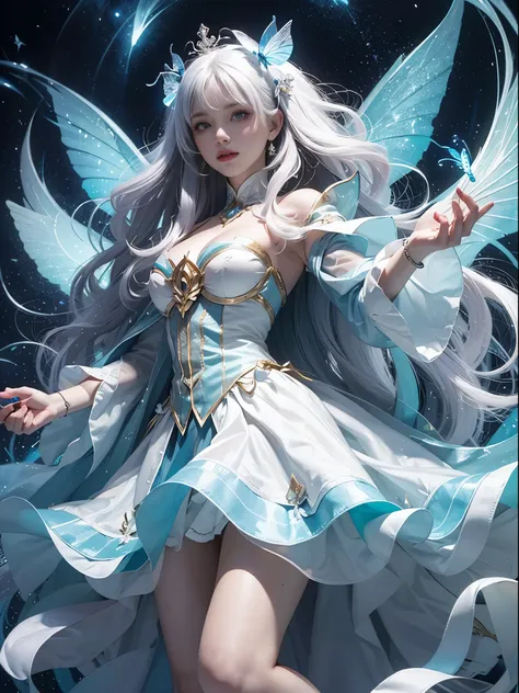  White hair , (((White luminous dress , White giant dress , Dress glitter , dress ))) ,Beautiful dance dynamics , Long legs , small thighs((Huge long white hair，Glowing coat , Long flowing hair))offcial art , Unity8k wallpaper , Ultra detailed , Beautiful ...