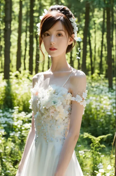 (realistic), (hyperrealism),best quality, masterpiece,ultra high res, (photorealistic:1.4),1girl,pale skin,skinny,(looking at viewer:2), forest, flowers, sunlight, (tattered) wedding dress , bare shoulders, upper body,