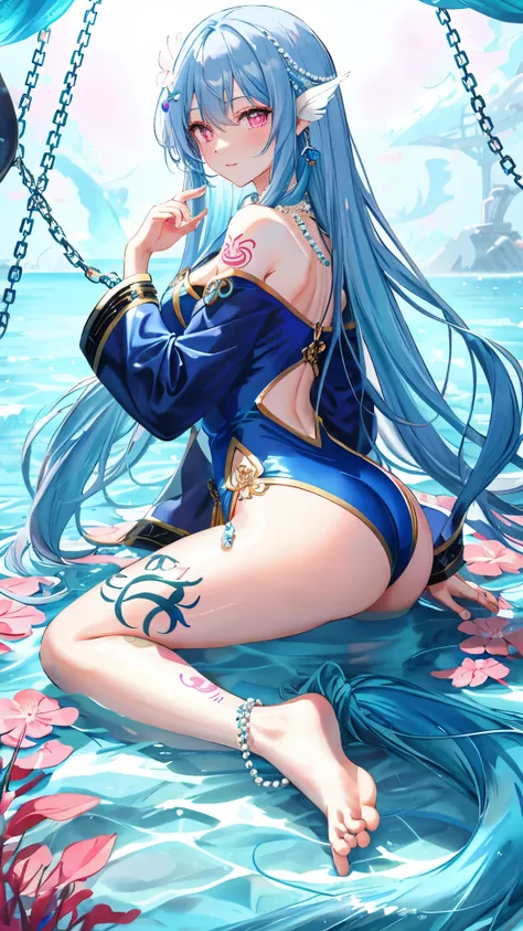 海long blue hair,close up,dream world,Kneeling mermaid girl,(point you by ass) 海long blue hair,Nice pink eyes,underwater,tear nevus,Mermaid ears,(pearl head chain,necklace),necklace,Long off-the-shoulder blue dress,humanoid, Poseidon temple background, her ...