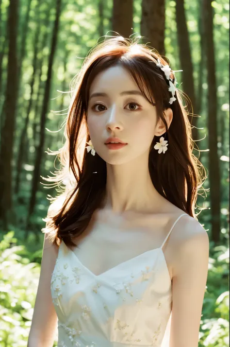 (realistic), (hyperrealism),best quality, masterpiece,ultra high res, (photorealistic:1.4),1girl,pale skin,skinny,(looking at viewer:2), forest, flowers, sunlight, (tattered) wedding dress , bare shoulders, upper body,