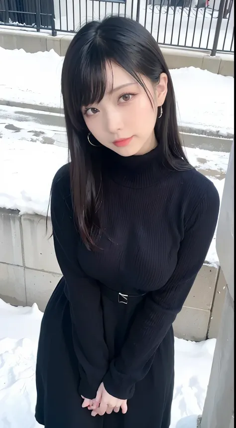 (highest quality、8K、32K、masterpiece、nffsw:1.2)、photo of cute japanese woman、big breasts:4.5、(long black hair)、surface focus、(knit dress long sleeve)Snowy city background、From above、looking at the viewer、cleavage 4.5.balanced body