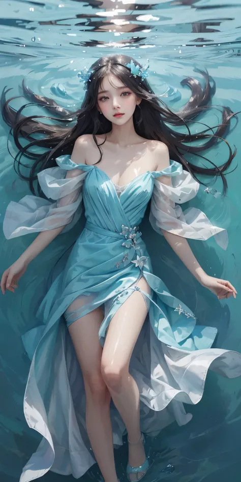 best qualtiy，tmasterpiece，超高分辨率，（真实感：1.4），RAW photogr，cold light，A woman in a transparent dress under the water，Full body photo，wallpaper anime blue water，Guviz-style artwork，closeup fantasy with water magic，by Yang J，Guviz，a beautiful artwork illustration...