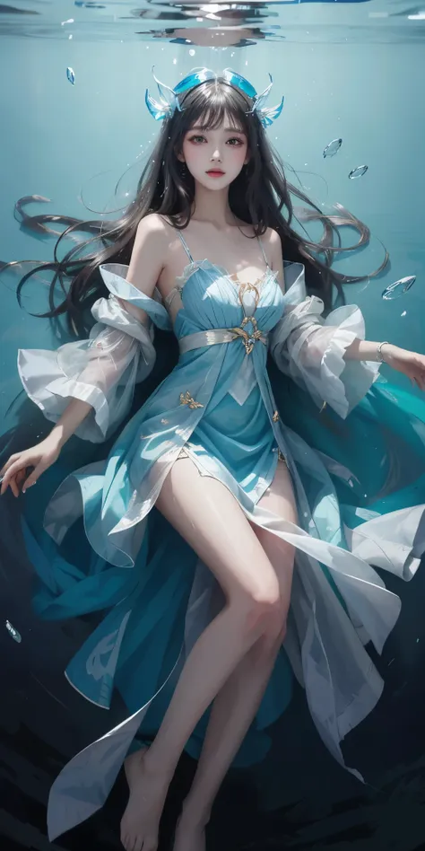 best qualtiy，tmasterpiece，超高分辨率，清晰的脸部,（真实感：1.4），RAW photogr，cold light，A woman in a transparent dress under the water，Full body photo，wallpaper anime blue water，Guviz-style artwork，closeup fantasy with water magic，by Yang J，Guviz，a beautiful artwork illust...