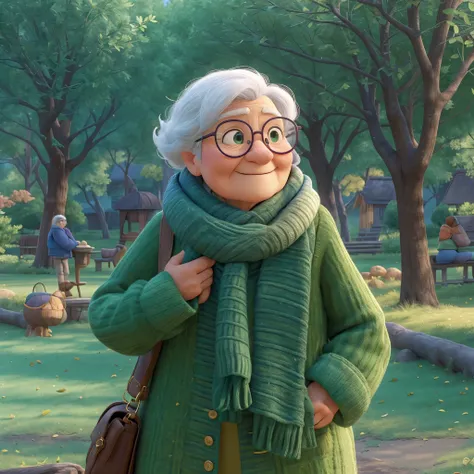 masterpiece, best quality, One wears glasses、old woman wearing scarf, Wearing a purple coat and a green scarf, standing in the park，Pixar style, best quality, stills, 