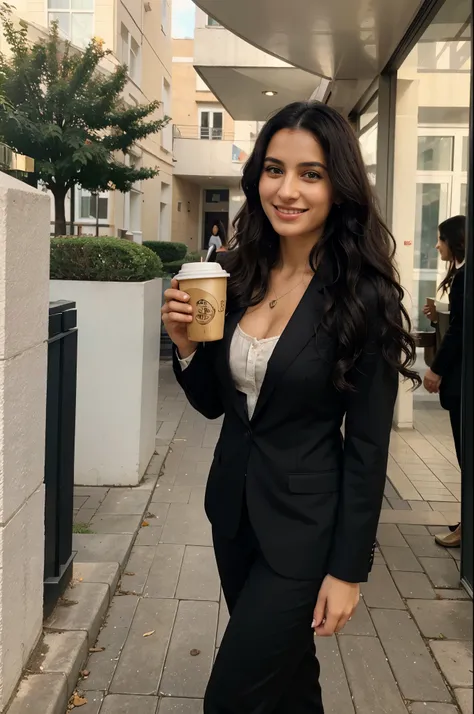 autiful black wavy haired Middle Eastern woman wearing suit drinking coffee and smiling full body hyper photorealistic