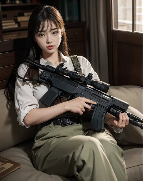 Photoreal、realistic skin texture、automatic rifle、cute beautiful girl、