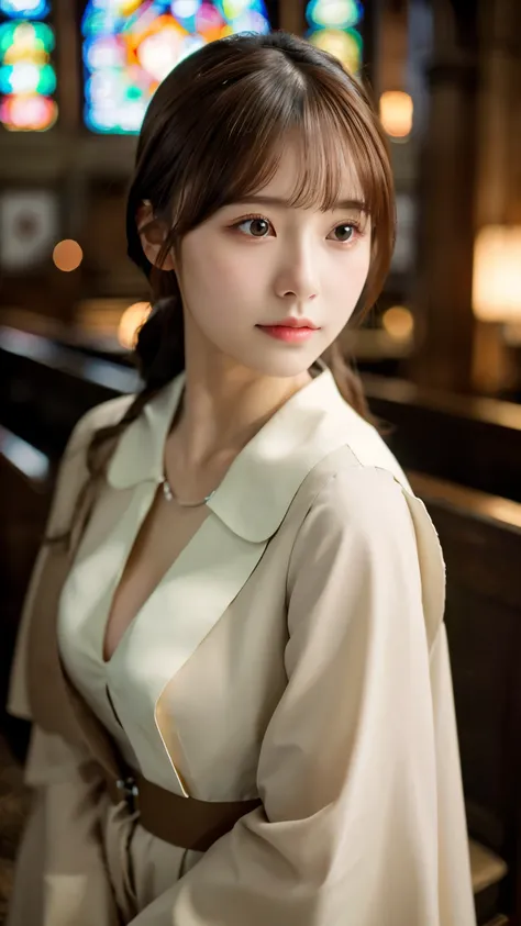 best quality ,masterpiece,ultra high res, very beautiful, kawaii, (photo realistic:1.4), 1girl, Japanese, brown hair, cleavage, Cinematic, 35mm lens, f/ 1. 8, nun cassock clothing, priest, Church