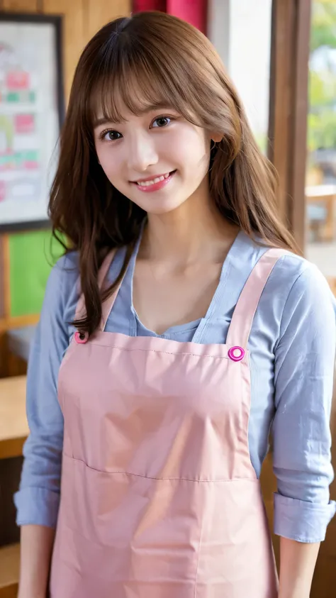 best quality ,masterpiece,ultra high res, very beautiful, kawaii, (photo realistic:1.4), 1girl, Japanese, brown hair, cleavage, Cinematic, 35mm lens, f/ 1. 8, (kindergarten teacher, pink apron, kindergarten:1.3), (adult women:1.5),large breasts, (in the ki...