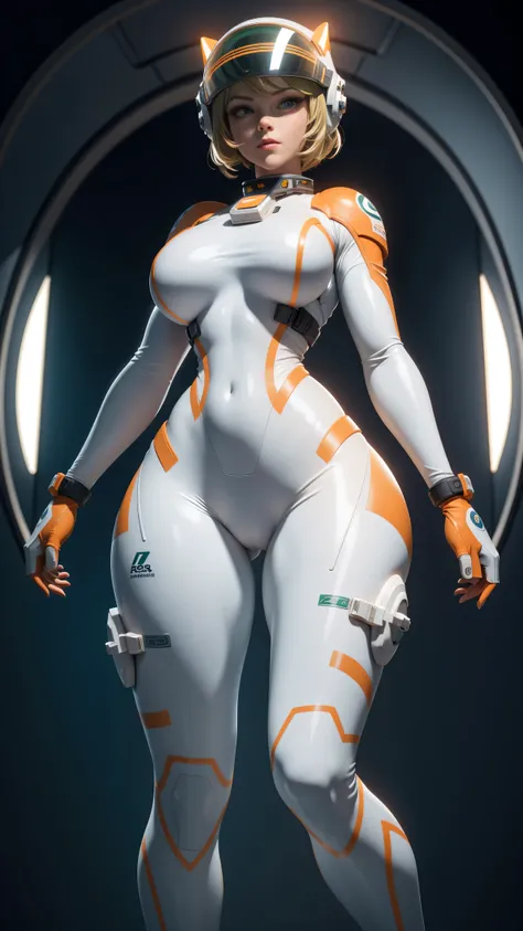 gorgeus space cadet girl, helmet, white and orange rebreather, deep green almond-shaped eyes, short blond hair, perfect huge breasts, wide hips, muscular thighs, muscular arms, sexy belly, massive huge cameltoe, space, spaceship, UHD, retina, masterpiece, ...