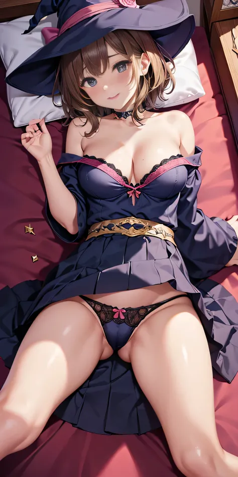 debris flies, highest quality, Highly detailed CG Unity 8K wallpaper, sexy witch , short hair、Dark blonde wavy hair、off shoulder knit, dark blue pleated skirt, stockings、medium breasts, saggy breasts, Pose that emphasizes the chest, blush, shy smile, bare ...