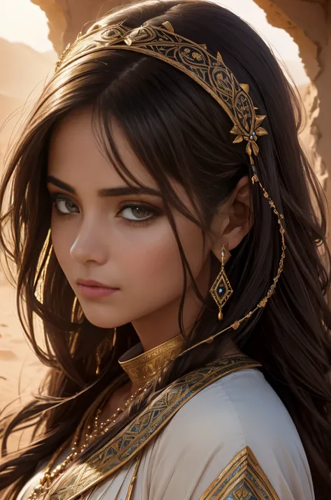 Masterpice, high quality 4k resolution, Elegant and charming image, Powerful and mysterious Arab woman,brown hair, amazing black eyes, Her flowing hair fluttered in the flowing desert breeze. She wields a gorgeous bow, Decorated with intricate decorations ...