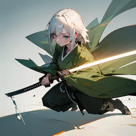 (((best quality, sharp image, clear image, cinematic lighting, 8k resolution, masterpiece, ultra detailed))) Girl in a green/black samurai outfit drawing a katana, white staight hair, japanese jingasa, Completely white background, full body shot. 