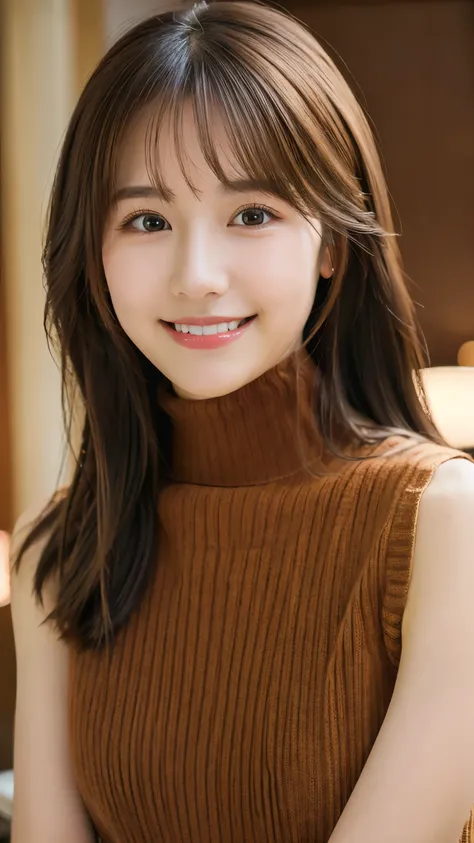 best quality ,masterpiece,ultra high res, very beautiful, kawaii, (photo realistic:1.4), 1girl, Japanese, brown hair, Cinematic, 35mm lens, f/ 1. 8, accent lighting, 8k, sleeveless turtleneck sweater, University, smile, morning