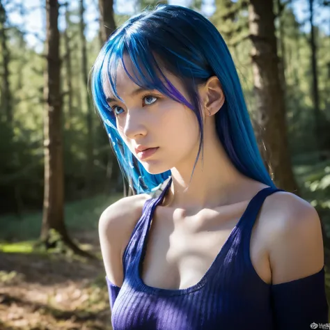 ((1 girl, alone)), masterpiece, superlative, portrait, hyper detail, figure, close, luxury background, straight shot, blue hair, purple eyes, (focus on face), stare into the distance, forest, sun, Wind, butterfly, studio lighting, Horizontal axis, wood, la...