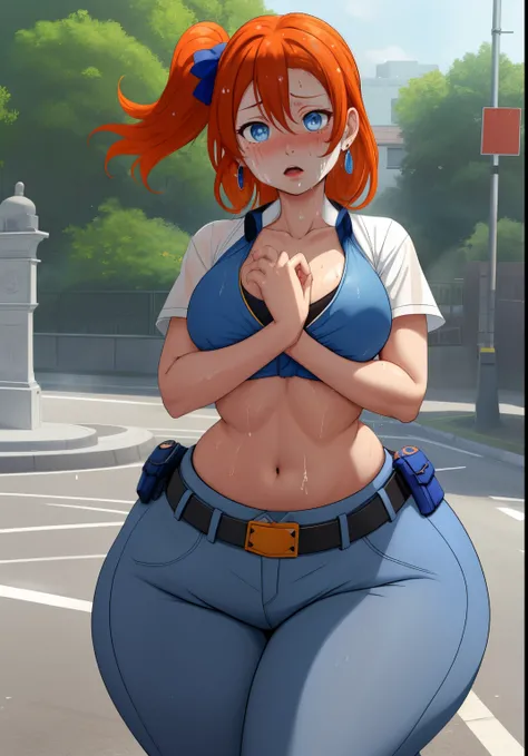 Masterpiece, best quality, detailed face, kousaka honoka, blue eyes, orange hair, open shirt,bra,half sleeves,earrings, black belt, tight white low pants, midriff, sweating, (sweating:1.3),  police cap,in street, toned stomach,thicc ,wide hips, hands on hi...