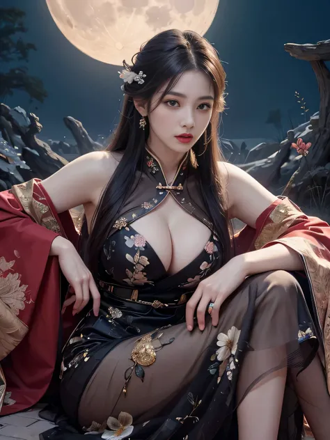 Change，(((hanfu)))，(((period clothing)))，Tang and Song court costumes，(((huge moon)))，sitting，(((the dragon king&#39;s daughter)))，sky sky，sitting position，Top CG，Highest image quality，masterpiece，Delicate and delicate beautiful girl，(high and high)，Royal ...