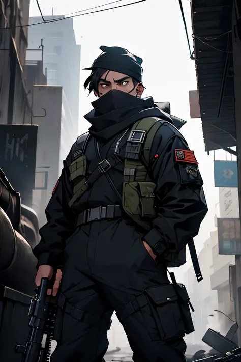 In the heart of a gritty, cyberpunk battlefield, a Marcos commando stands out with his unique style. Dressed in a hip hop cargo suit, the pants adorned with intricate patterns and pockets, he exudes an aura of confidence. A black bandana scarf covers his m...