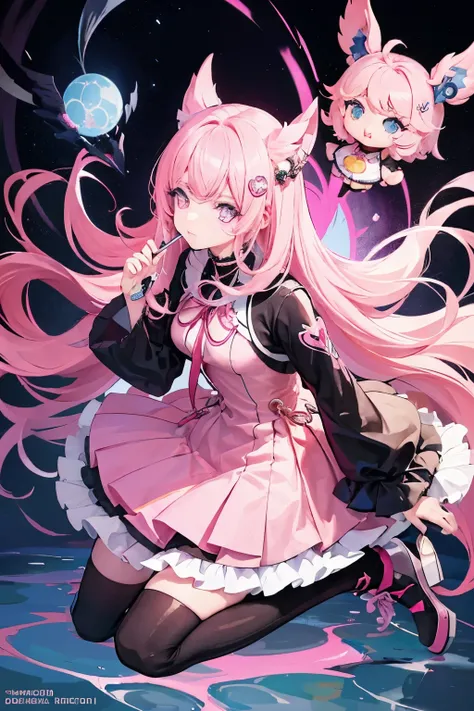 The image of Arafad is of a woman dressed in pink and black holding a pink stick, kerli koiv as anime girl, Anime Girls Cosplay, gothic shoujo anime girl, magical girl style, anime barbie doll, anime cosplay, rococo cyberpunk, Anime vtuber full body model,...