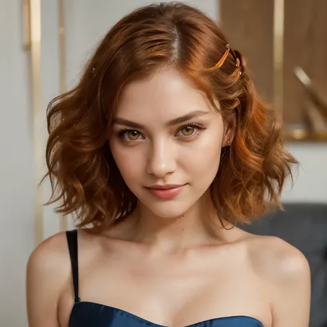 ((best quality)), ((art)), (detailed), perfect face, Beautiful and sexy woman with orange eyes, medium orange hair, nails painted with black nail polish, shiny, 25 years old, slim waist, very detailed, face innocent, face length 1.2 times face width, almon...