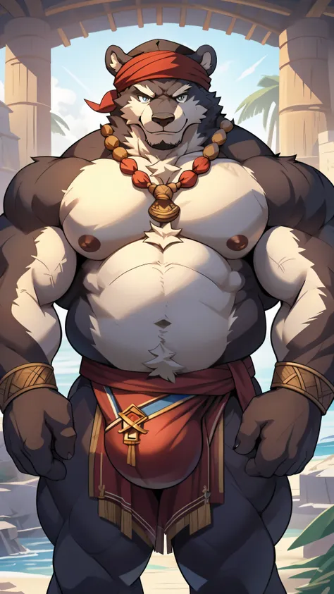 alone, male, White Bear Pirates,sailor&#39;s turban，cheeky, wide face, broad shoulders, muscular, buff, strong, High, have huge nipples , pink nipples enlarged, big biceps, huge pecs, The generals belly, s eyes，Determined gaze，Detailed crotch, huge bulge