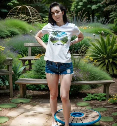 there is a woman standing in front of a bench with a frisbee, standing in a botanical garden, usando shorts escuros, uma camiseta branca, foto de corpo inteiro, vestindo bermuda e camiseta, foto de corpo inteiro, high resolution and high quality, obra de a...