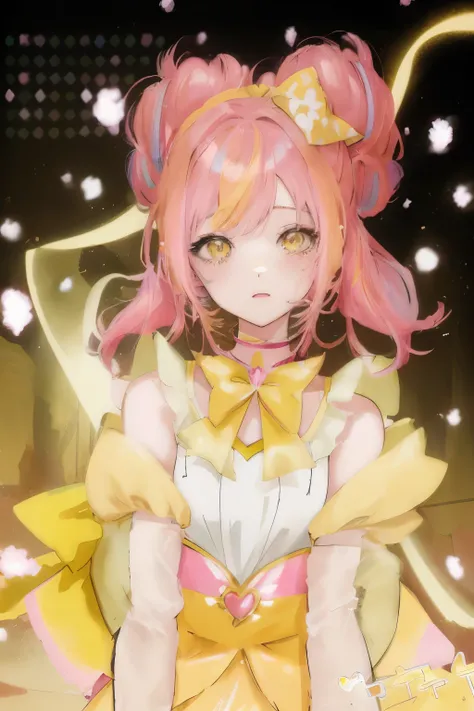 anime girl with pink hair and yellow dress holding a yellow bag, Anime cute art style, Holographic live broadcast, official artwork, Keda, High quality anime art style, Produced by Anime Painter Studio, Kitagawa Marin fan art, Be round, Anime visual of a c...