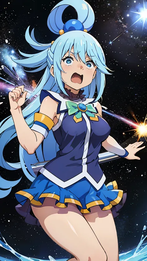 aqua,konsuba, stary night, screaming, blue hair, blue eyes, looking up, sparkles, particles, nebula, space