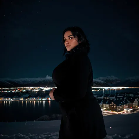 plus size woman,shoulder-length black hair, winter, snowy, nightly Tromso Norway in background, winter norway island full of night lights, masterpiece, hdr, ultra realistic