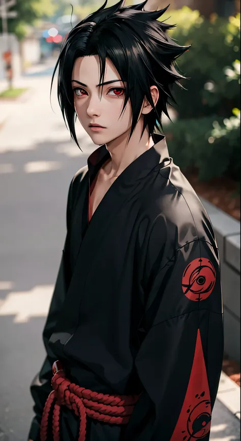 masterpiece, 1boy, superb style, uchiha sasuke, red eyes, urban streetwear chothes, outdoor, upper body, uchiha sasuke, bright e...