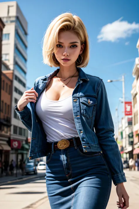 android 18, android 18, blonde hair, blue eyes, eyelash, hoop earrings, short hair, earrings, break belt, black legwear, black shirt, breast pocket, cleavage, clavicle, denim, denim skirt, high-waist skirt, jewelry, long sleeve, pocket, shirt, shirt tucked...