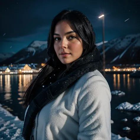 plus size woman,shoulder-length black hair, winter, snowy, nightly Tromso Norway in background, winter norway island full of night lights, masterpiece, hdr, ultra realistic, focus ond highly detailed face