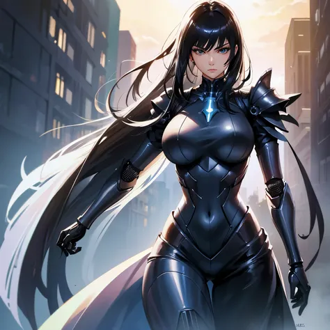 Beautiful tall woman with ultra-realistic and detailed black hair robot armor