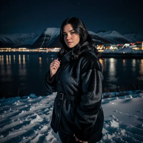 plus size woman,shoulder-length black hair, winter, snowy, nightly Tromso Norway in background, winter norway island full of night lights, masterpiece, hdr, ultra realistic, focus ond highly detailed face