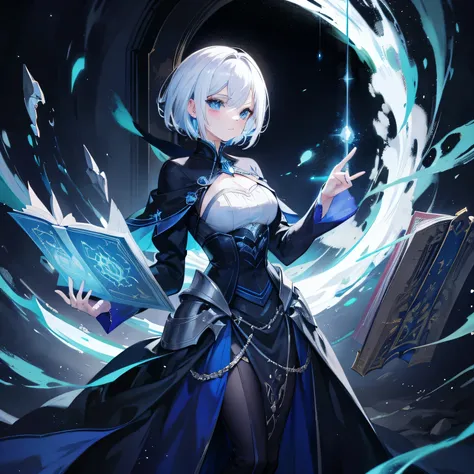 {[{{"Magnificent dark atmosphere, Being in a magical world, 4K artwork of a woman with white hair and sparkling blue eyes, short hair, Surrounded by spellbooks,Making magic."}]}}