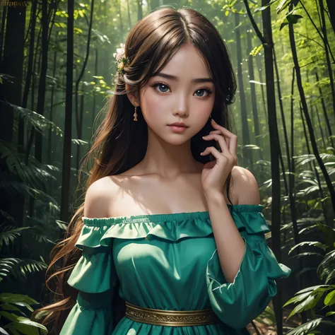 Masterpiece, best quality, super high resolution, fluorescent color,, 1 girl, looking at the audience, beautiful face, beautiful eyes, (off-the-shoulder: 1.2), head up, upper body, forest, shiny hair, shiny skin, glowing cut, chibi, finger proportions coor...