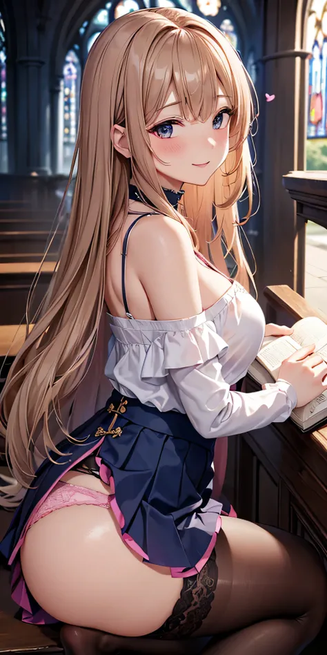 debris flies, highest quality, Highly detailed CG Unity 8K wallpaper, sexy witch , long dark blonde wavy hair、off shoulder knit, dark blue pleated skirt, stockings、medium breasts, saggy breasts, Pose that emphasizes the chest, blush, shy smile, bare should...