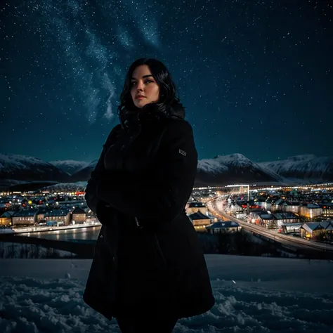 plus size woman,shoulder-length black hair, winter, snowy, nightly Tromso Norway in background, winter norway island full of night lights, masterpiece, hdr, ultra realistic